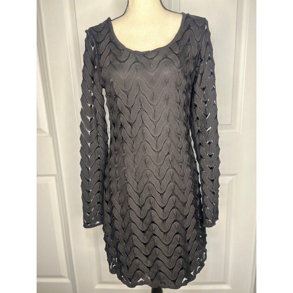 Free People Crochet Mini Dress M Black Open Back Long Sleeve Zig Zag Knit Boho